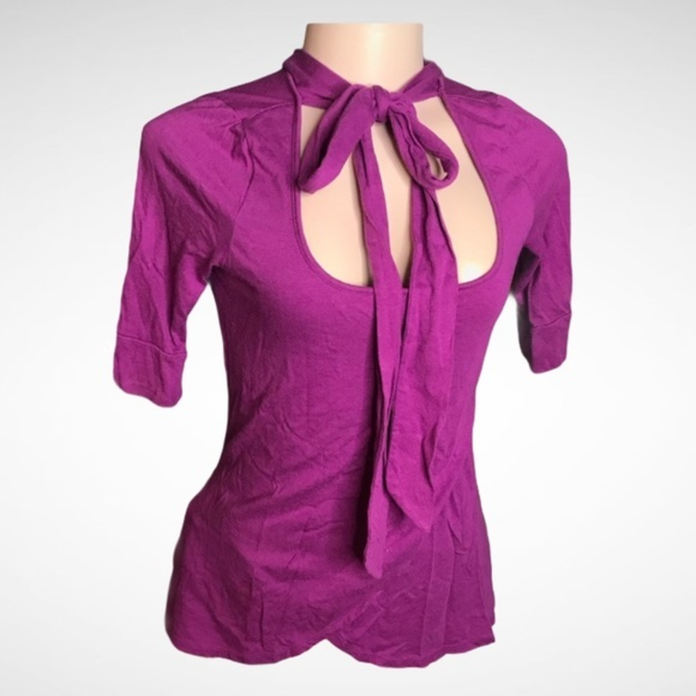 DKNY Jeans Y2K Purple Plum Tie Neck Keyhole Top Women's M